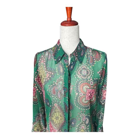 Elie Tahari Sheer Blouse Button Front Bohemian Paisley Print Top Ruffle Cuff L - Picture 3 of 10